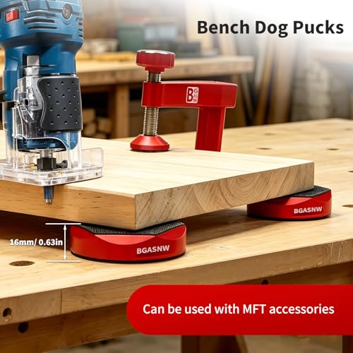 Bench Dog Pucks for MFT Table (4 Pack), Fits 3/4" Dog Hole for Woodworking, Heavy Duty Aluminium with Double Sided Anti Slip Pads, Woodworking Kit for Most Medium Sized Panels - style: Bench Dog Pucks
