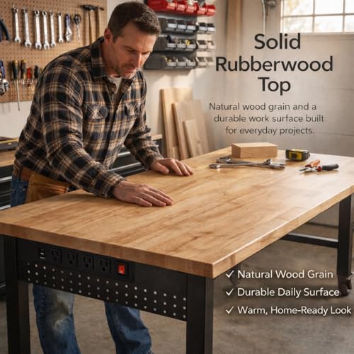 48" Workbench with Footpads, Adjustable Height Work Bench with Rubberwood Top, Built-in Power Outlet with 4 AC Outlets and 2 USB Ports, 2000 LBS Capacity for Garage, Workshop and Home