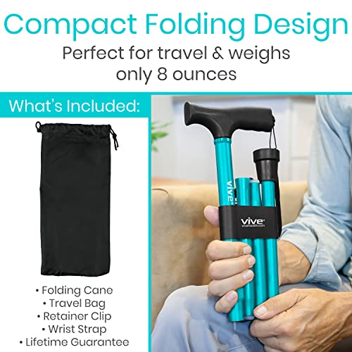 Vive Folding Cane - Foldable Walking Cane for Men, Women - Fold-up, Collapsible, Lightweight, Adjustable, Portable Hand Walking Stick - Balancing Mobility Aid - Sleek, Comfortable - color: Teal