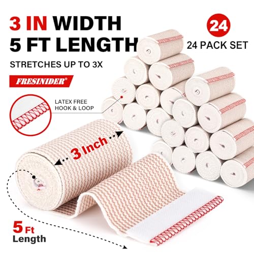 FRESINIDER Premium Elastic Bandage Wrap, 24 Pack 3" Cotton Latex Free Compression Bandage Wrap with Touch Closure at Both Ends, Support & First Aid for Sports, Medical, and Injury Recovery - color: 24 Pack X 3 Inches