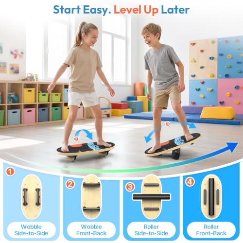 Sportneer Kids Balance Board, 4-Mode Adjustable Balance Trainer | Build for Kids, 4 Modes, Safe & Sturdy Wobble Board, Balance Trainer - color: Space Black