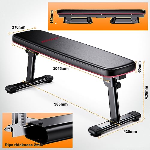 Weight Bench Folding Workout Bench with Carrying Handle Flat Home Training Multiuse Fitness Bench - color: Red