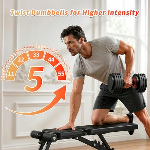 SKOK 25/55 lbs Pair Adjustable Dumbbells Set, Adjustable Weights Dumbbells Set for Men and Women with Anti-Slip Fast Adjust Weight by Turning Handle Dumbbell with Tray - color: 55lbs-Pair