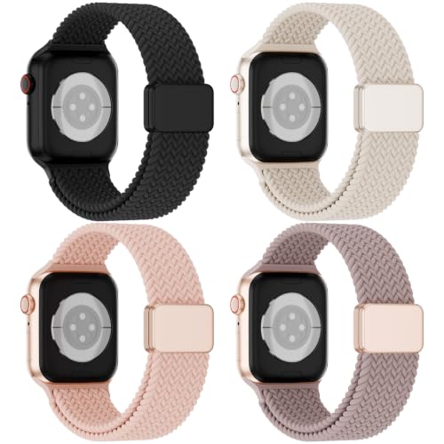 4 Pack Magnetic Stretchy Braided Sport Loop for Apple Watch Band Women Men | Nylon Elastic Strap Compatible with iWatch Series 11/10/9/8/SE/7/6/5/4/Ultra 3 2 for 38mm 40mm 41mm 42mm 44mm 45mm 46mm 49mm - color: Black/Starlight/Sand Pink/Smoke Violet, size
