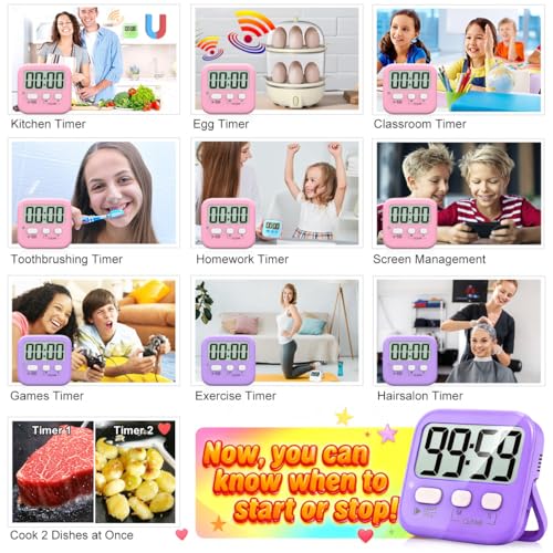 Antonki 2 Pack Digital Timer for Kids, Magnetic Countdown Kitchen Timers for Cooking, Egg, Classroom, Teacher, Exercise, Study, Oven - Battery Included - color: 2 * Pink + Purple