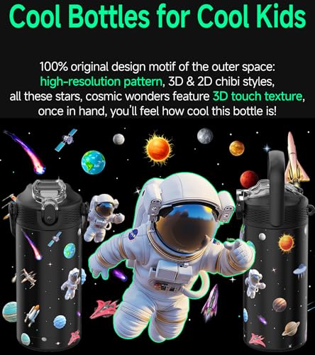 MYFOREST 14oz/400ml Insulated Kids Water Bottle, Odor-free Liner, 3D Touch | No Plastic Taste, Surgical Steel - No Chemical Leaching, Name Spot, Soft Sipper, Gift for Astrophile, Black. Space - color: Black. Space