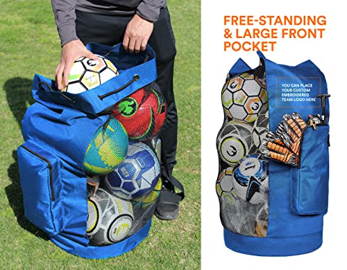 Fitdom Heavy Duty XL Soccer Mesh Equipment Ball Bag w/Adjustable Shoulder Strap Design for Coach. with an Over-Sized Front Pocket for Sporting Accessories. Best for All Outdoor & Water Gears - color: Blue / Black