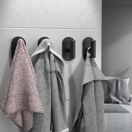Aikzik Black Adhesive Hooks Heavy Duty, Wall Hooks for Shower, Bathroom, Towel, Coat, Robe, Stainless Steel Hooks for Hanging, Waterproof & Rustproof Sticky Hooks for Walls No Damage- 2 Pack - color: Black-2Pack