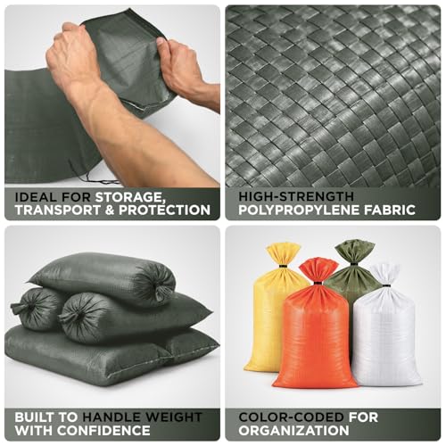 Heavy Duty Sand Bags Pack of 24, Army Green Empty Sandbags with Built-In Ties, Woven Polypropylene UV Protection 1600 Hours, Fillable Bags for Flood Control, Weight, 12x20 inches, 25 Pounds Volume - size: 12"W x 20"L, style: Pack of 24