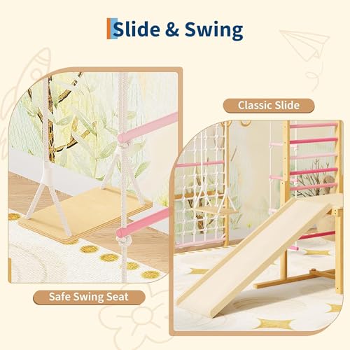 PeakPursuit 8-in-1 Indoor Jungle Gym for Kids Ages 3-10 – Wooden Climbing Structure with Slide, Swing, Monkey Bars, Gymnastic Rings, Climbing Rope – Indoor Playground Toy – Natural Wood Color