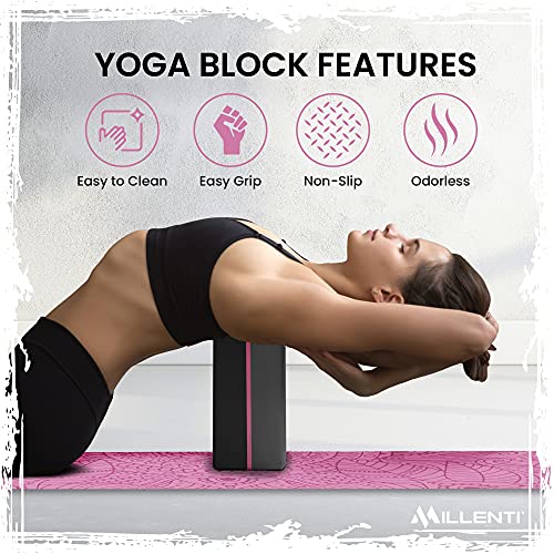 Millenti Gray Black Yoga Block Yoga Brick - Sold as Single EVA Foam Block, Bevelled Edge, Non-Slip, Latex-Free Block with a Workout Chart 9x6x4” - color: Pink