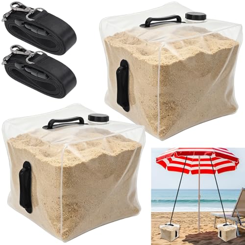 2 Pack 25LB PVC Beach Umbrella Weight Sand Bags,Clear Heavy Duty Summer Canopy Tent Sandbag with Adjustable Custom Straps,Fillable Anchor Bags for Patio Umbrellas Sand Anchor Bags