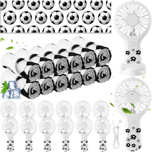 Woanger 24 Pcs Soccer Cooling Towels and Fans Sets Mini Handheld Fans Bulk 3 Speeds USB Lash Towel for Soccer Gifts for Sporting Team Games Party Favor - style: Soccer