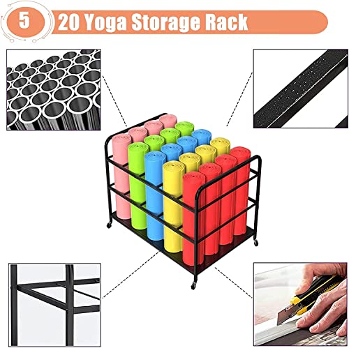 Large Yoga Mat Storage Cart with Wheels, Floor Metal Yoga Mat Holder Basket, Gym Foam Rollers Organizer, for Gym/Yoga Studio Hold 20 Exercise Mats - color: Black