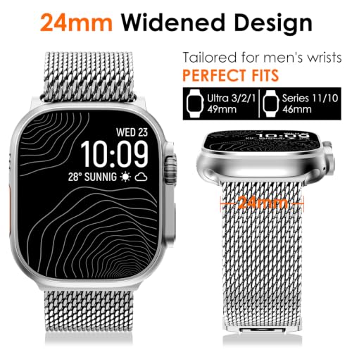 WINGLE Milanese Loop for Apple Watch Band Ultra 3/2/1 Band Ultra 49mm Series 11 10 46mm 45mm 44mm SE 3/2/1 Series 9 8 7 6 5 4 3 Men Women,Parachute-Style Buckle Stainless Steel Mesh Metal iWatch Bands - color: Silver