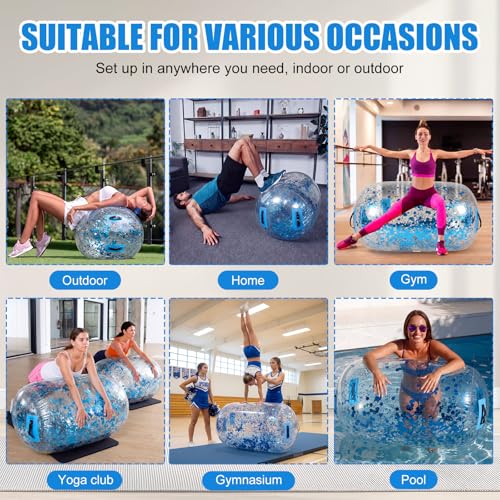 Gemscream Gymnastics Barrel Inflatable Air Roller Mat 40" x 24" Glitter Tumbling Air Barrel Gymnastic Cylinder Tumble Equipment for Back Handspring Trainer Cheerleading Yoga Home Use - color: Glitter Blue