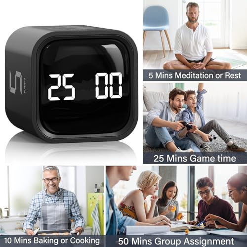 Rotating Pomodoro Timer 5, 25, 10 50 Minutes Preset, Desk Productivity Flip Timer, ADHD Tool Cube Countdown Stopwatch, Vibration/High/Low Volume/Custom Modes, for Work, Study, Back to School, Kitchen - color: Black