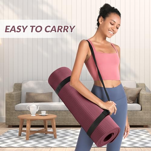 Signature Fitness Extra Thick High-Density Foam Yoga Mat – Multiple Thicknesses (1/2" & 1") / Multiple Colors – Double-Sided Non-Slip Surface – with Carrying Strap for Pilates, Yoga & Home Workouts - color: Burgundy-1/2"thick