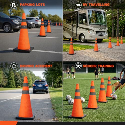 BATTIFE 28 inch Collapsible Traffic Safety Cones Orange Plastic Base 4 Pack | Collapsible folds flat, reflective strips, sturdy PVC, lightweight,ideal for parking, driving, construction, emergencies - size: 28inch