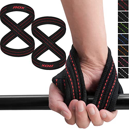RDX Weight Lifting Straps Figure 8, Anti Slip Strap with Cuffs Wrist Support for Gym Workout Deadlift Powerlifting Bodybuilding Weightlifting, Fitness Strength Training, Hand Bar Grip for Men - color: BLACK RED, size: Medium