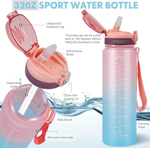 Water Bottle with Straw 1L,Boys Water Bottles with Straw 1 Litre,Waterbottle Leak-Proof Sports Water Bottle,Plastic Drinks Bottles Toxin Free，Bpa-Free (Pink Blue) - color: 10-Pink Blue
