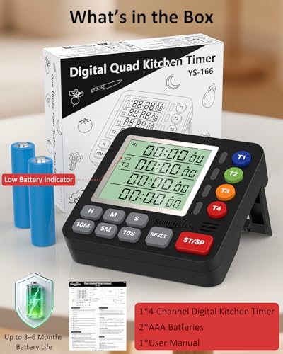 Digital Kitchen Timer with 4 Channel, Loud Alarm and Silent Mode | Magnetic Cooking Timer with Count Up & Countdown for Kids and Seniors, Large Display to Read, Auto Memory, Battery Included - color: Black