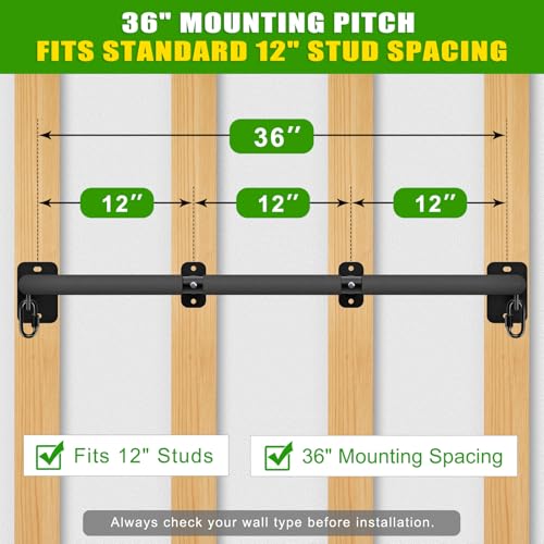 SELEWARE Heavy Duty Wall Mount Pull Up Bar, Joist Mount Chin Up Bar for Doorway, Sturdy Steel Construction, w/Resistance Band Hooks, Fits 32"/36" Wall Studs for Home Gym Strength Training - size: A: 36" x 1.6" Dia Grip