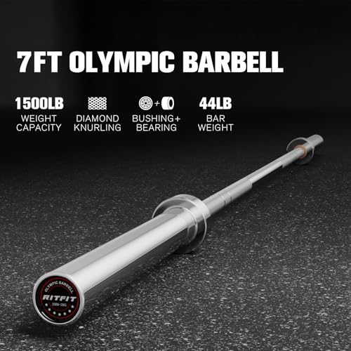 RitFit Elite 7ft Olympic Barbell, Robust 45lb Barbell for Weightlifting and Powerlifting, Superior Olympic Bar with Exceptional 500lbs Load Capacity, Weight Bar for 2” Standard Plates - color: Silver, size: 7 ft 1200 lb 45 lb without Collar