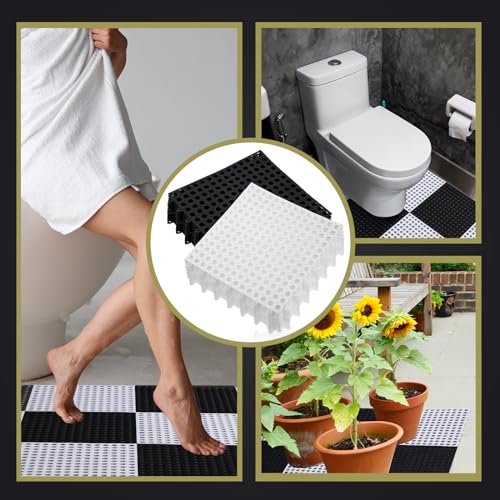 Tinideya 50 Pcs Drainage Interlocking Floor Tiles, 12'' x 12'' Soft TPE Non Slip Shower Floor Tiles for Pool Bathroom Shower Balcony Patio Locker Room Basement Stairs(Black and White) - color: Black and White