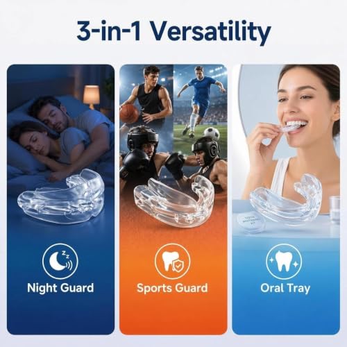 Mouth Guard for Sleep & Sports,No-Boil,3-in-1 | No-Boil 3-in-1 guard for night grinding & sports. Soft silicone,6 air vents, includes case.