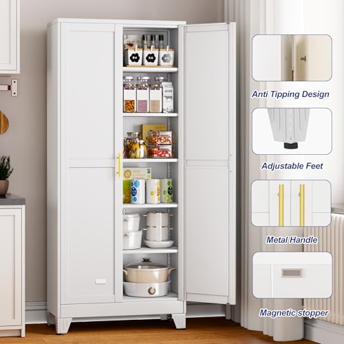 Metal Storage Cabinet with 2 Doors and 5 Adjustable Shelves - 74.8" Steel File Cabinet,Tool Cabinets for Office,Home,Garage,Gym,School (White) - color: White, size: 74.8H