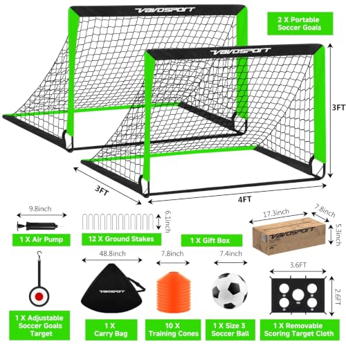 2 Pack Kids Soccer Goals for Backyard Set, 4x3 ft Portable Pop Up Soccer Goal, Kids Soccer Net Training Equipment with Soccer Target, Ball, Cones, for Ages 3-12 Outdoor Sports Games Gifts - color: Black Green