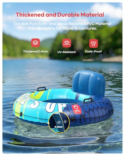 QPAU Inflatable River Tube, 0.4 mm Thickened Puncture-Resistant Heavy Duty River Float, River Raft with Ergonomic Backrest, Mesh Bottom & 2 Cup Holders for Adults and Friends Lake Float - color: Blue&Green
