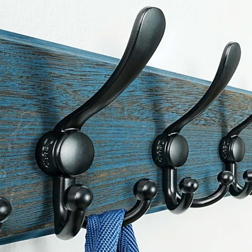 Dseap Coat Rack Wall Mount - Heavy-Duty Robust Barnwood-Style Wooden Wall Coat Hanger Hook Rail with 5 Triple Hooks for Winter Coats Hat Jacket Clothing, Weathered Blue & Black - color: Weathered Blue & Black, size: L=17.4"