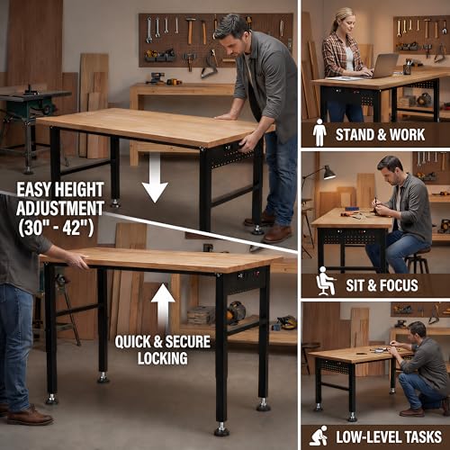 48" Workbench with Footpads, Adjustable Height Work Bench with Rubberwood Top, Built-in Power Outlet with 4 AC Outlets and 2 USB Ports, 2000 LBS Capacity for Garage, Workshop and Home