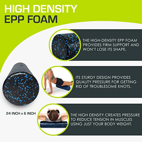 ProsourceFit High Density Foam Rollers 24 - inches long, Firm Full Body Athletic Massage Tool for Back Stretching, Yoga, Pilates, Post Workout Muscle Recuperation, Black/Blue - color: Black/Blue, size: 24"H x 6"D