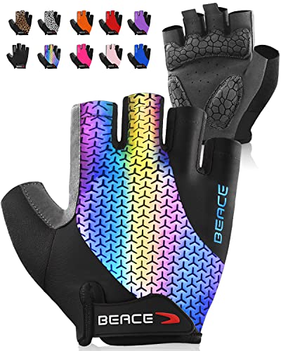 BEACE Gloves for Cycling Bike Biking Half Finger Road Bicycle for Men and Women-5MM Breathable Anti-Slip Shock-Absorbing Pad Gym Motorcycle Light Weight Mountain Bike Gloves - color: Colorful Night Glow, size: Small