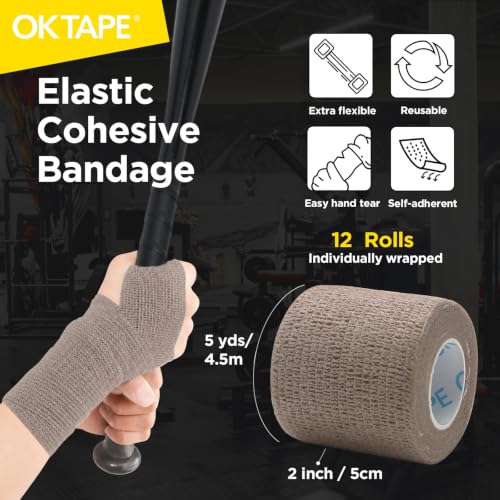OK TAPE 12 Rolls Self Adhesive Bandage Wrap, Elastic Athletic Tape, Self Stick Bandage Tape, Vet Wrap, Medical Wrap for Wrist, Feet, 2" x 5 Yards - Brown - color: Coffee, size: 2 Inch