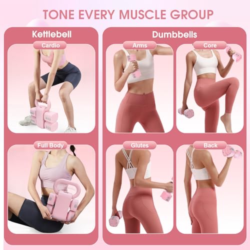 Adjustable 2-in-1 Convertible Kettlebell & Dumbbells Set, 4 in 1 Free Weights Dumbbell Set of 2, Each 2.2 3.3 4.4 5.5lb Quick Change Women Dumbbell Set for Home Exercise Training - color: Pink