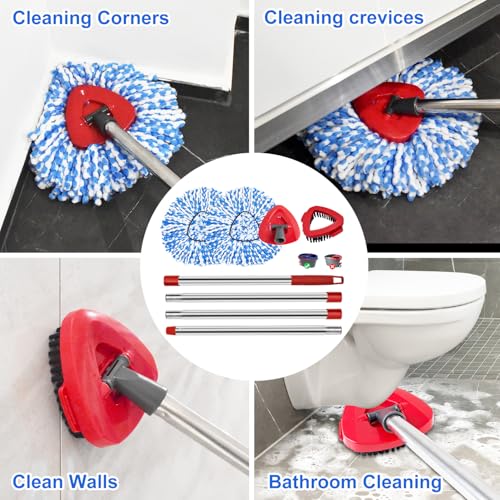 Spin Mop Handle Mop Heads and Base Replacement Sets Compatible with O Cedar EasyWring Rinseclean 2 Tank System, Flexible & Reusable(1 Sets Stainless Steel Handle & 2 Refills & 1 Base & 1 Scrub Brush) - color: 1 Sets Stainless Steel Mop Handle + 2 Blue Hea