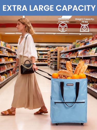 WORKPRO Medium Rolling Grocery Bag, 18-Gallon Tote with 4 Wheels, 75 lbs Capacity, Dual Carry, Wide Zipper & Extra Storage for Shopping, Laundry & Moving - color: Dusty Blue, size: Medium