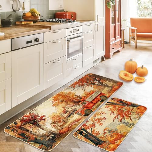 FYSUIMU Fall Kitchen Mats Fall Harvest Rugs Set of 2 Watercolor Autumn Maple Scene Pumpkin Truck Non-Slip Floor Mat Thanksgiving Aesthetic Decorative Bath Rugs for Home, 17 x 29 Inch & 17 x 47 Inch