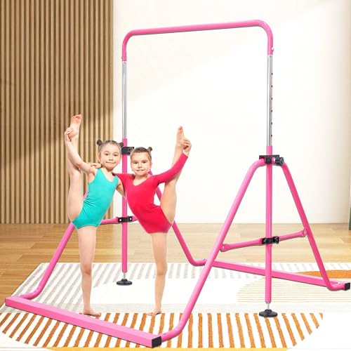 Folding Gymnastics Bar with Rings, Foldable Kip Bar with Sturdier Base, Training Bar for Kids Ages 3-10, Horizontal Bar, Home Gym Equipment for Boy Girl - color: Pink, style: Foldable Bar