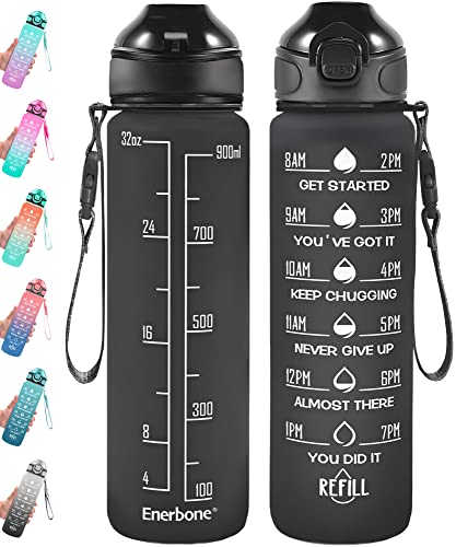 Enerbone 32 oz Drinking Water Bottle with Times to Drink and Straw, Motivational with Carrying Strap, Leakproof BPA & Toxic Free, Ensure You Drink Enough Water for Fitness Gym Outdoor - color: Black Matte