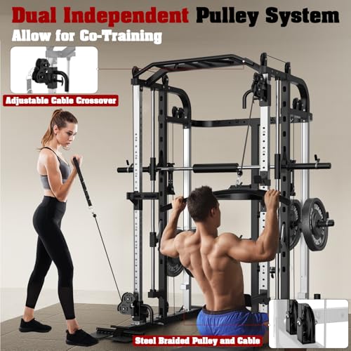 Smith Machine, Multifunctional Power Cage Rack with Smith Bar and Cable Pulley System, and LAT Pull Down Machine for Home Gym… - style: Power Cage with 240 Lbs Plates and Bench