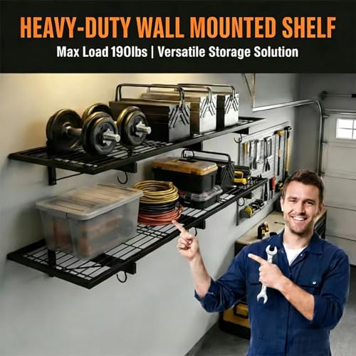 Garage Wall Shelving, 46" x 12" Floating Shelf, Heavy Duty, 190 LBS Load Capacity, Black Storage Rack for Shop, Shed, Closet, Basement - style: B-1 PACK