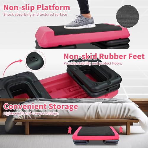 Gym Step Platform for Exercise at Home, Fitness Step for Home Workout, Adjustable Step Up Exercise Platform, Aerobic Stepper Step Platform with 4 Risers, Step Exercise Platform for Work Out - color: Black+Red