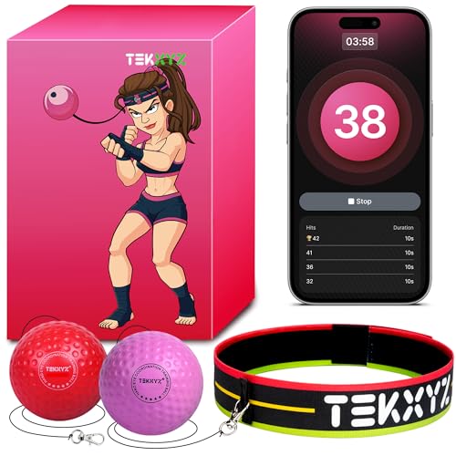 TEKXYZ® Reflex Ball with Counter App & Online Community, 2 Difficulty Levels Boxing Ball with Headband, Perfect for Reaction, Agility, Punching Speed, Fight Skill & Hand Eye Coordination Training - color: Pink/Red