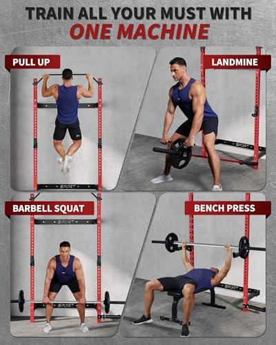 Folding Wall Mounted Squat Rack, 1000 Pounds Capacity Power Rack with Pull Up Bar, J Hooks and Other Attachments, Space Saving Multi-Functional Power Cage for Home Gym
