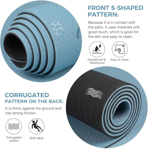 Gruper Yoga Mat Non Slip TPE Extra Wide Yoga Mat with Alignment Mark, 72"L x 32"W x 0.32"/0.24"Th (183cm x 80cm x 8mm/6mm), Anti-Tear Exercise Mat with Carrying Strap and Bag, Workout Mats for Yoga, Pilates - color: Blue Black, size: 0.24*32*72 Inches
